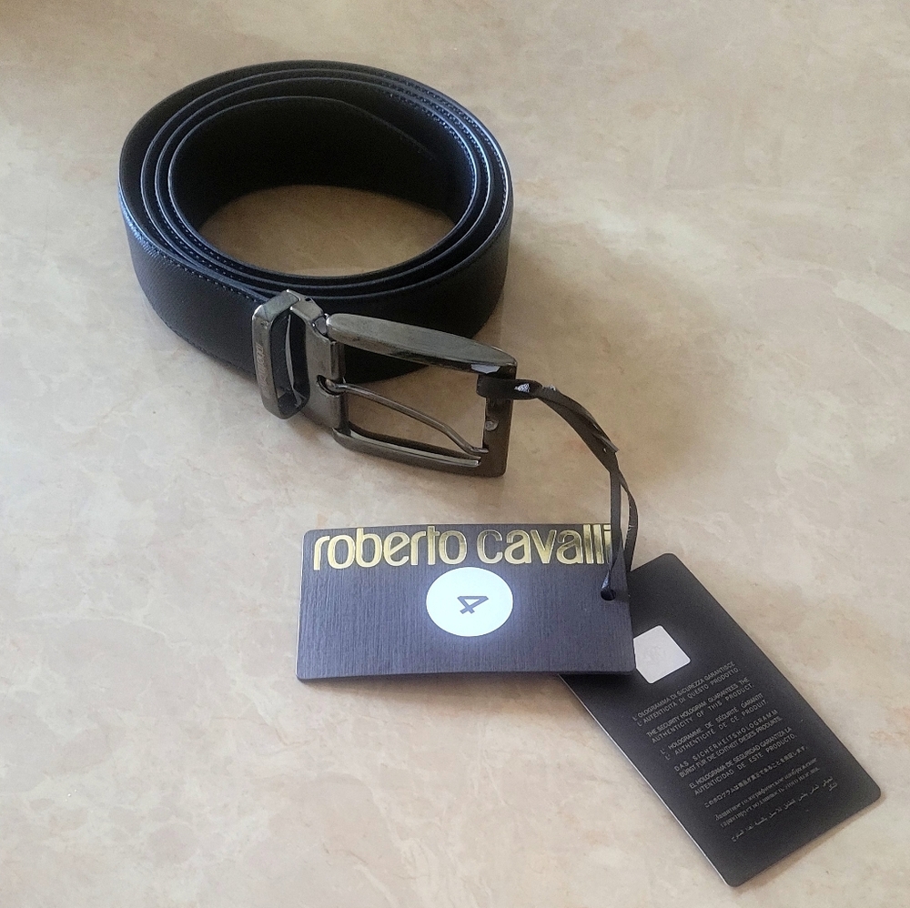 Roberto Cavalli Black Leather Belt with Silver Buckle | Size 110 CM